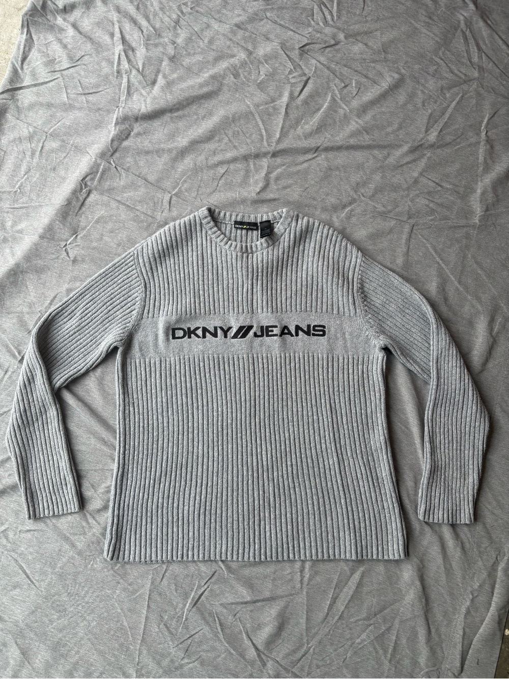 Dkny Light Gray Ribbed Crewneck Sweater with Black Logo